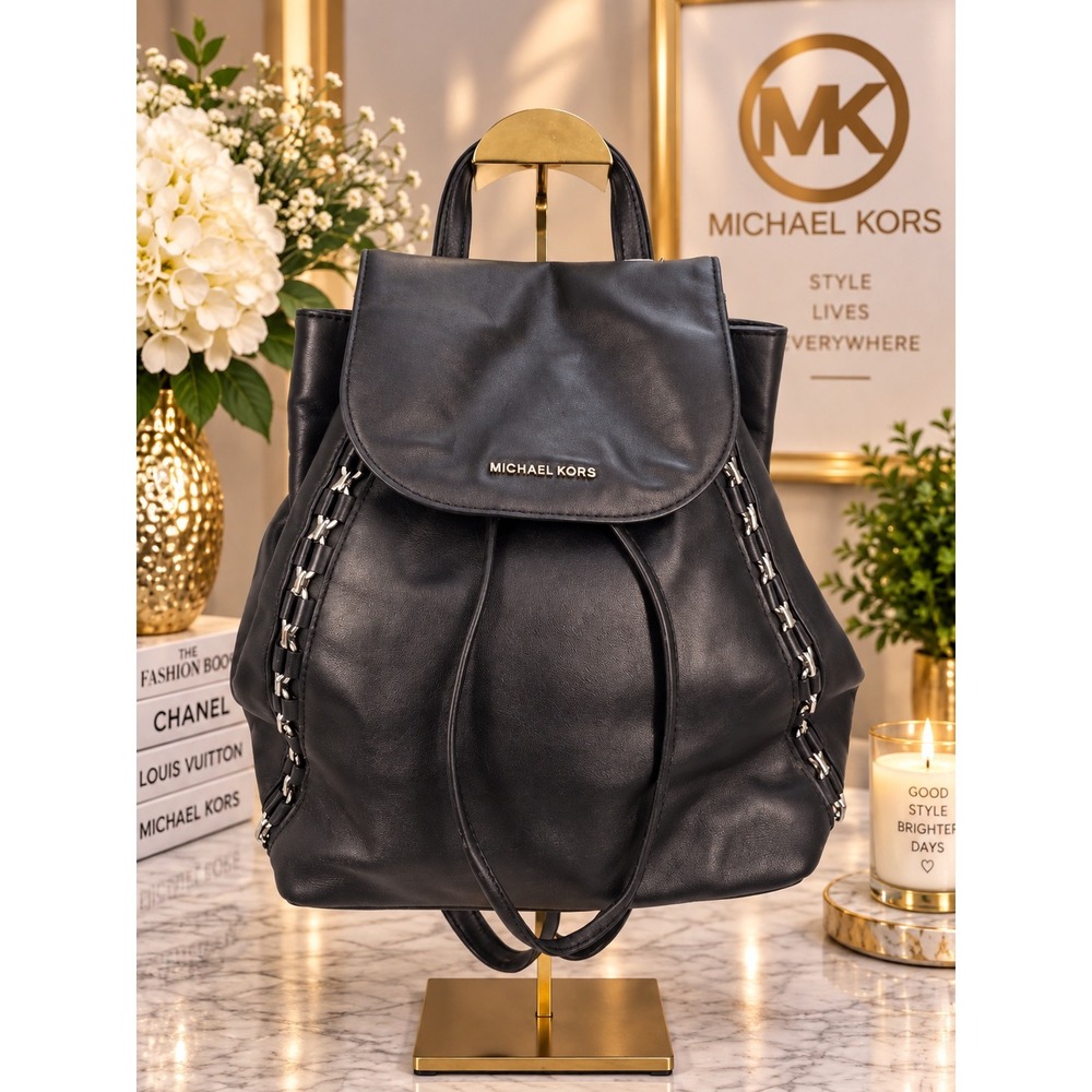 Michael Kors Black Leather Backpack Chain Link Detail Drawstring Flap Bag